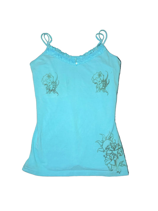 Xhiliration Blue Hand Drawn Betty Boop Flower Tank