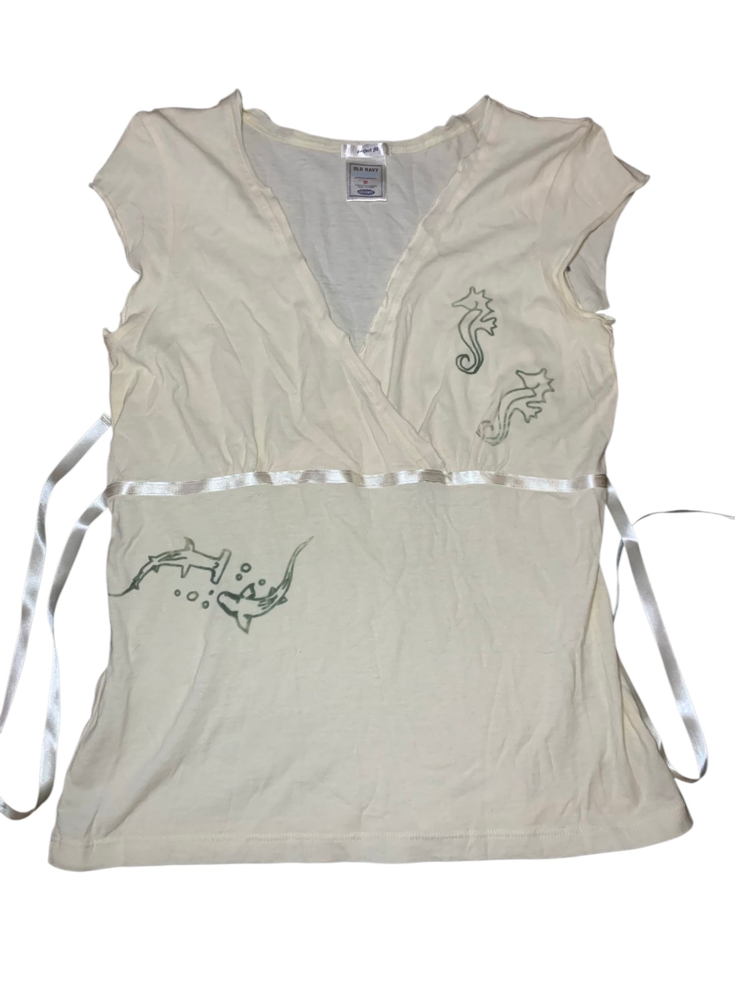 Old Navy Tie Back Hand Drawn Shark and Sea Horse Tee